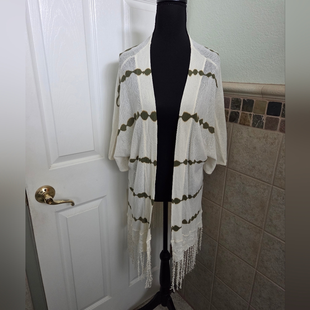 XCVI Cream Green Meshy Fringe Kimono Cardigan Boho Beachy Cover Up Size XL